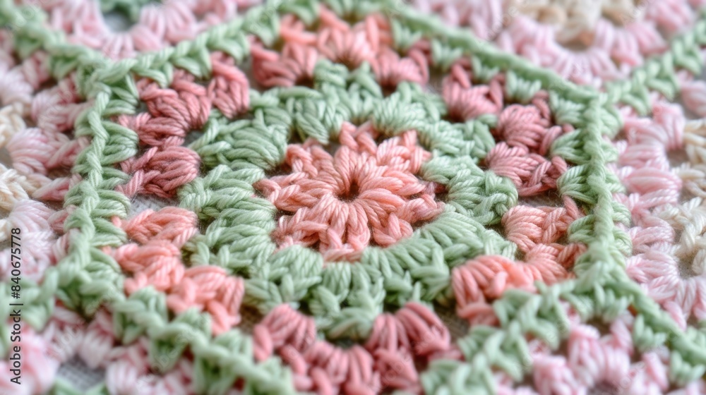 A crocheted granny square revealing an elaborate pattern of interlocking stitches in shades of pastel pink and green A crocheted granny square revealing an elaborate pattern of interlocking stitches in shades of pastel pink and green