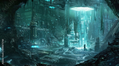 cyberpunk cityscape inside cavern