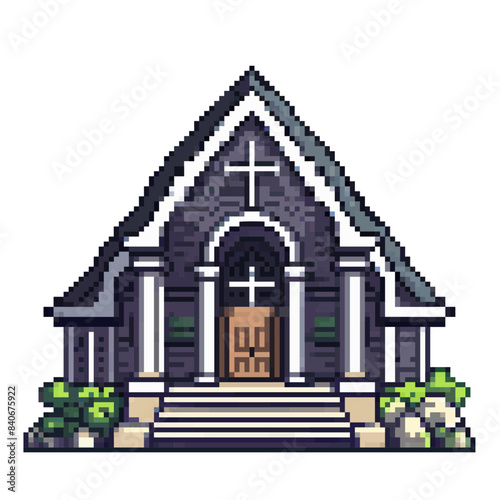 A Christian church with cross on front facade. Vector pixel art, 2D clipart illustration, isolated on transparent background.