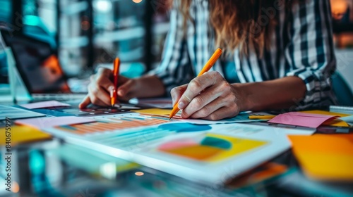 A close-up of a womans hands working on a colorful chart in an office setting