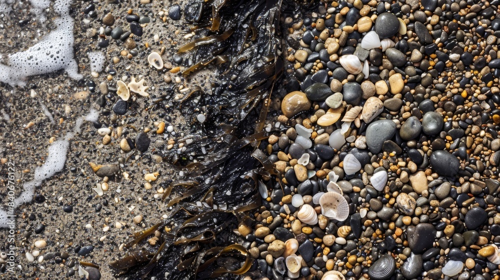 Macro view of a small section of the shoreline highlighting the contrast between co pebbly sand and smoother finer grains with minute details like seaweed and bits of broken shell Macro view of a small section of the shoreline highlighting the contrast between co pebbly sand and smoother finer grains with minute details like seaweed and bits of broken shell