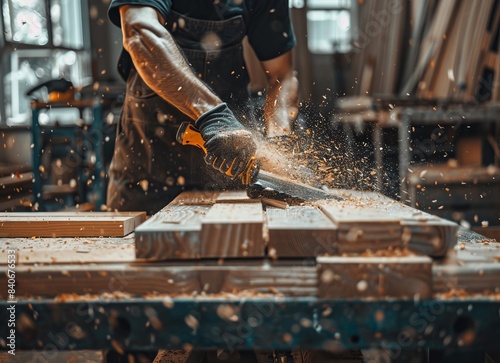 Carpenters assembling wooden furniture, power tools and sawdust, busy furniture workshop