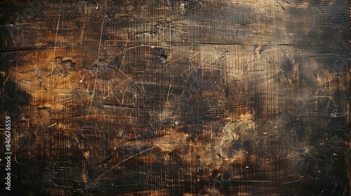 A topdown shot of an old weathered tabletop covered in scratches and scuffs revealing a patchwork of worn and faded wood grain photo