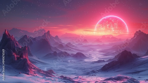 Futuristic Fantasy Landscape  A Sci-Fi Scene with a Distant Planet Illuminated by Neon Light