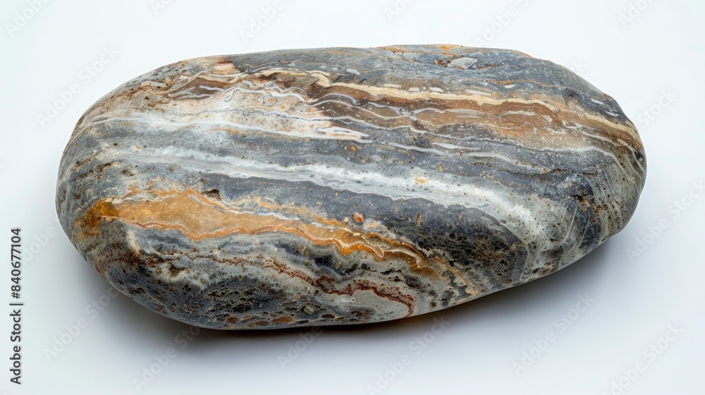 A detailed view of a large ovalshaped pebble with a smooth surface in shades of gray and brown. The edges are slightly worn revealing layers of different colors A detailed view of a large ovalshaped pebble with a smooth surface in shades of gray and brown. The edges are slightly worn revealing layers of different colors