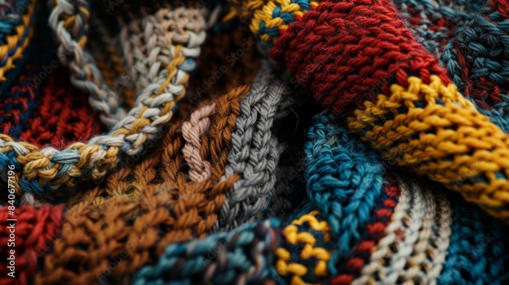 A zoomedin shot of the knit pattern on a wool scarf showcasing a variety of stitches and textures that have been carefully crafted to create a cozy winter accessory A zoomedin shot of the knit pattern on a wool scarf showcasing a variety of stitches and textures that have been carefully crafted to create a cozy winter accessory