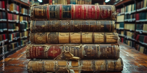 Close-up of a stack of antique books, featuring worn leather bindings and faded gold lettering, in a library setting