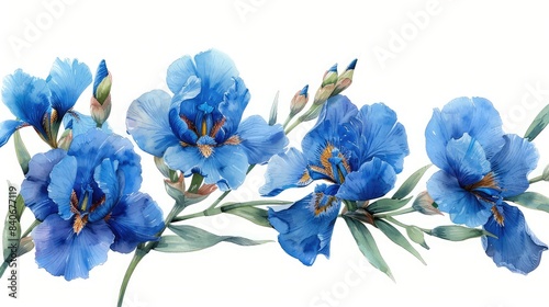 Elegant Watercolor Illustration of Blue Irises Over a White Background in Web Banner Format