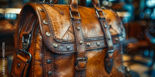 A brown leather bag with metal accents and a worn, distressed look © imagemir