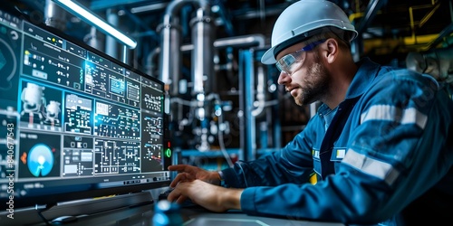 Engineer uses Industry 40 to control plant production via SCADA system. Concept Industry 4,0, SCADA Systems, Plant Production Control, Engineer Technology, Smart Manufacturing