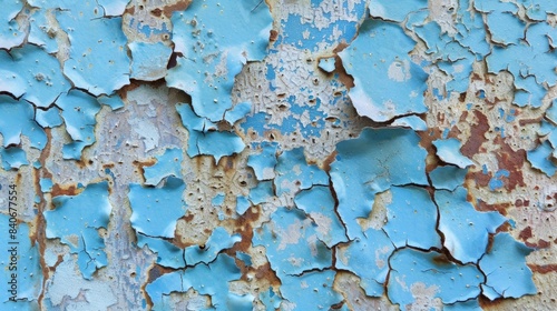 Delicate flakes of chipped blue paint reveal a worn weathered metal underneath showcasing years of decay