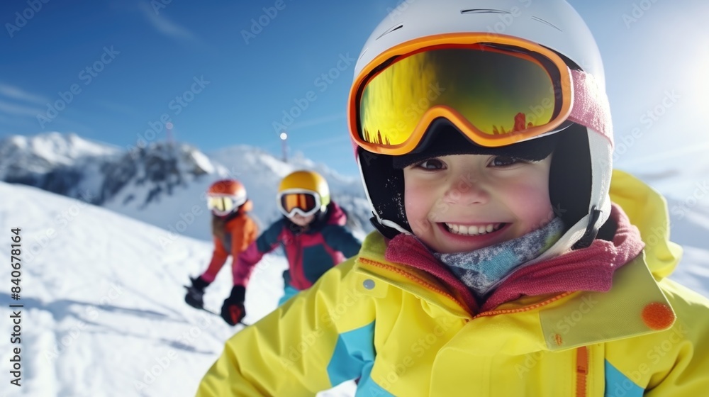 A young child wearing a helmet and goggles skiing down a snowy slope, with a mountainous backdrop A young child wearing a helmet and goggles skiing down a snowy slope, with a mountainous backdrop