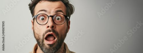 A man with glasses is looking surprised. Concept of surprise and curiosity. Man's facial expression and the glasses he is wearing contribute to the overall mood. A Man with an Astonished Expression