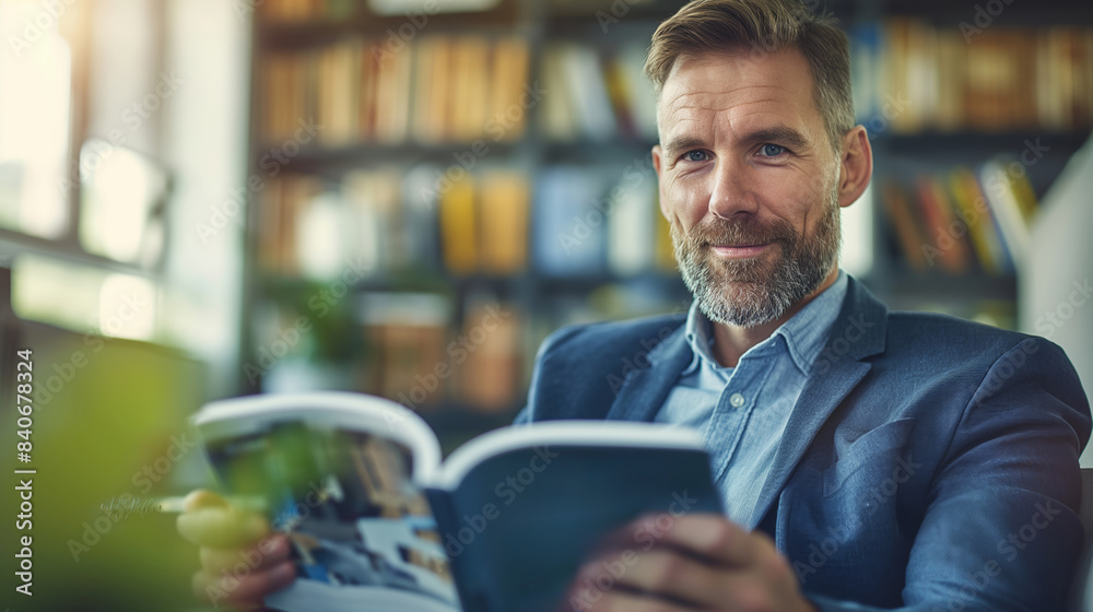 A man is sitting in a library reading a magazine. He is wearing a suit and has a beard A man is sitting in a library reading a magazine. He is wearing a suit and has a beard