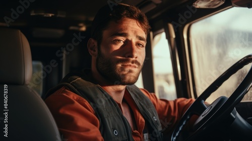 A man sitting in the driver's seat of a truck, compact and informative description without creative additions © vefimov