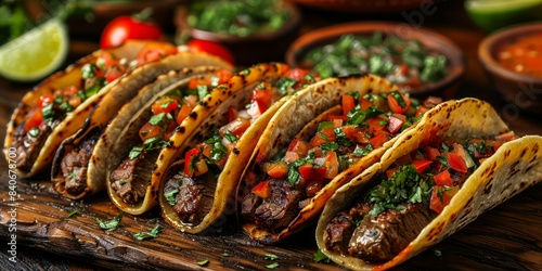 Close-up shot of several grilled steak tacos on a wooden cutting board