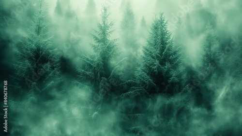 A dense forest shrouded in thick fog, with numerous trees standing tall and obscured by the mist