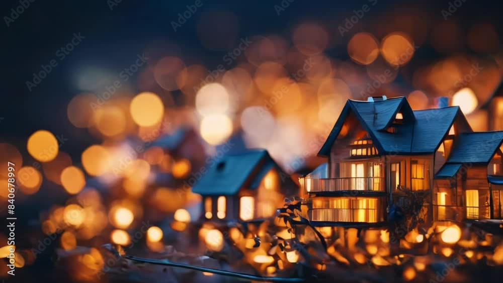Step into a magical world with these charming miniature houses glowing with warm lights against a dreamy bokeh backdrop. Perfect for evoking feelings of warmth, coziness, and holiday cheer. Step into a magical world with these charming miniature houses glowing with warm lights against a dreamy bokeh backdrop. Perfect for evoking feelings of warmth, coziness, and holiday cheer.