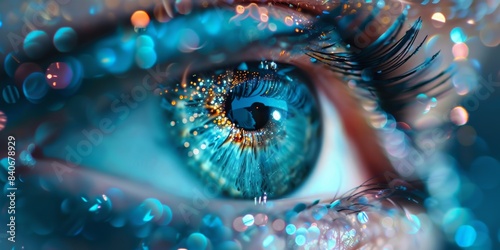Close-up of eyes on human face surrounded by AI digital bits of data