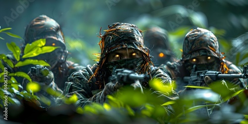 In-depth portrayal of jungle guerrilla warfare Camouflaged fighters setting up ambush. Concept Jungle Warfare, Guerrilla Tactics, Camouflage Strategies, Ambush Techniques, Combat Operations photo