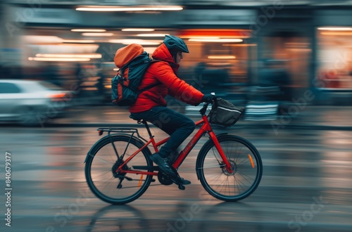 Bicycle courier in city at night