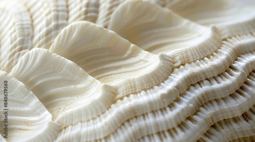 A closeup of a white shell with a velvety matte surface and faint grooves creating a subtle texture A closeup of a white shell with a velvety matte surface and faint grooves creating a subtle texture
