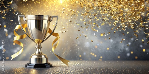 The winner's cup is decorated with gold ribbons, confetti, bokeh, rays of glory on a silver background. Celebration, victory, winning, good luck. For banners, congratulations, postcards, certificates