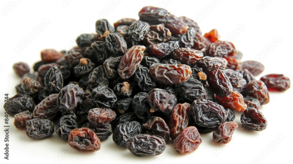 A pile of dried raisins on a clean white surface A pile of dried raisins on a clean white surface