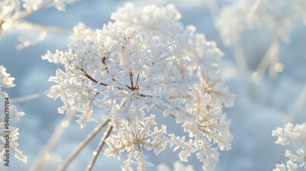 Miniature frosty flowers frozen in time and intricately detailed with delicate snow crystals