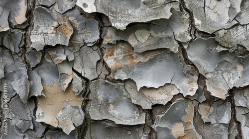 The jagged edges of peeling bark reveal muted shades of grey and brown forming a weathered and worn appearance