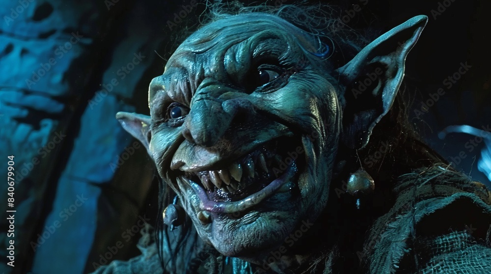 A close-up of a grotesque goblin-like creature with sharp teeth and pointed ears A close-up of a grotesque goblin-like creature with sharp teeth and pointed ears