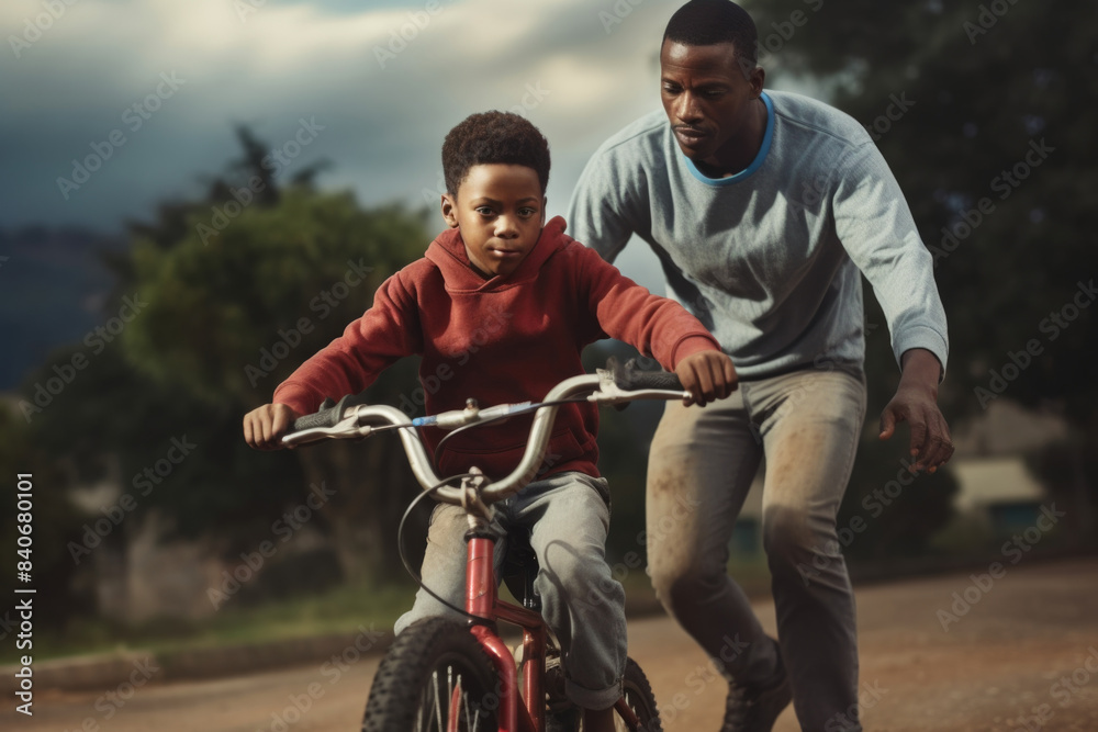 A man helps a young boy learn how to ride a bike, with a patient and encouraging smile A man helps a young boy learn how to ride a bike, with a patient and encouraging smile