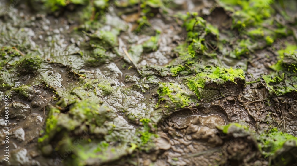 Up close view of algaecovered wetlands with the slimy texture appearing almost like a second skin over the muddy ground Up close view of algaecovered wetlands with the slimy texture appearing almost like a second skin over the muddy ground