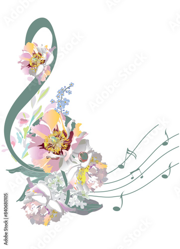 Abstract treble clef decorated with summer and spring flowers, palm leaves, notes, birds. Hand drawn musical vector illustration for t shirts, covers,  wallpaper, greeting cards, wall-art, invitations