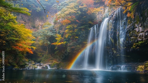 High-resolution photorealistic wide-angle capture of a rainbow over a waterfall in the forest, showcasing stunning details in National Geographic photography style.