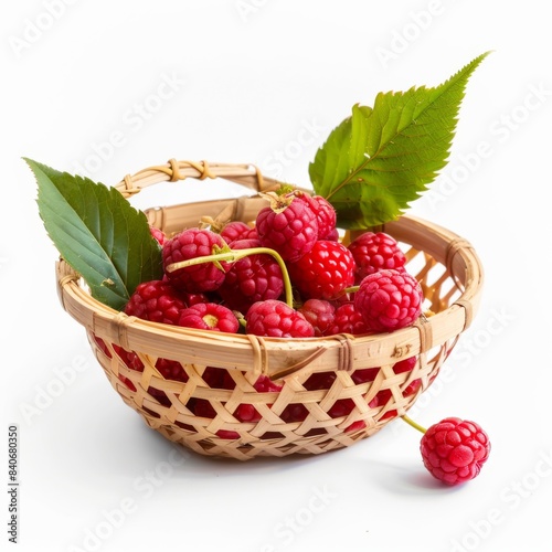 isolate Fresh rashberry appetizing There are not peeling. And peeled and ready to eat in the Small bamboo basket on white background photo