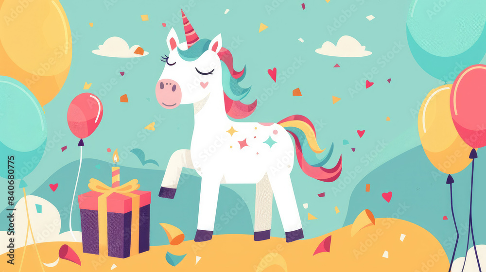 Naklejka premium Cute unicorn with gifts and balloons. Birthday party invitation template. Cartoon flat style