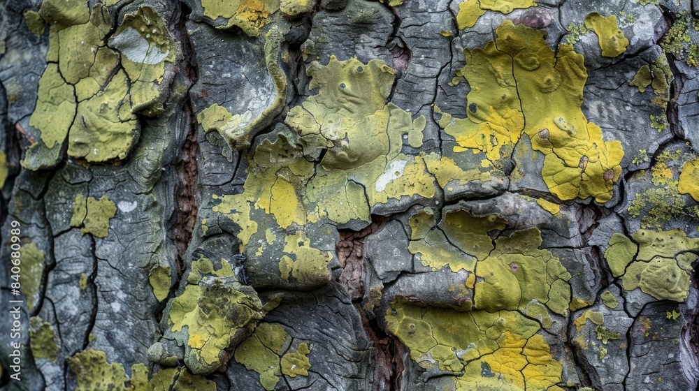 An upclose capture of a trees rough bark overrun with a vibrant mix of chartreuse and slate grey lichen creating a contrast of textures An upclose capture of a trees rough bark overrun with a vibrant mix of chartreuse and slate grey lichen creating a contrast of textures