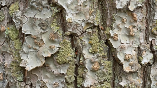 A subtle blend of earthy tones seen in a closeup of bark covered in a dusty muted colored mosslike lichen photo