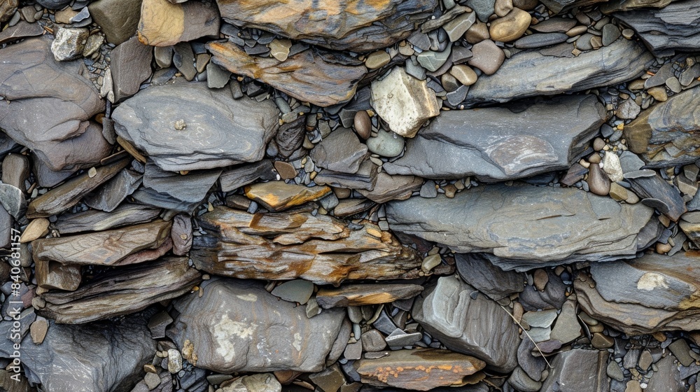 A section of the stream bed with layers of different sized pebbles creating a bumpy uneven texture A section of the stream bed with layers of different sized pebbles creating a bumpy uneven texture