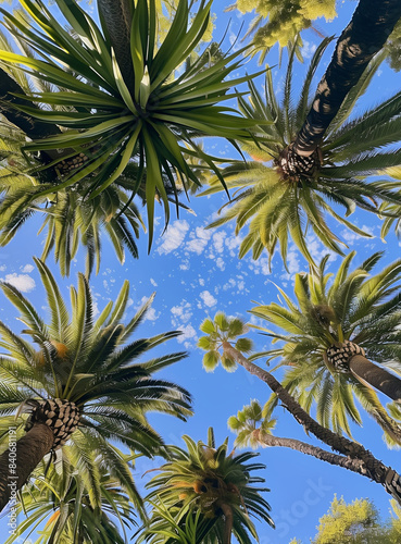 Ambiance tropicale: palmiers en contre-plongée