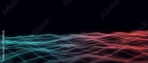 Music color wave of particles and lines. Big data visualization. Abstract blue background with a dynamic wave. 3d rendering.