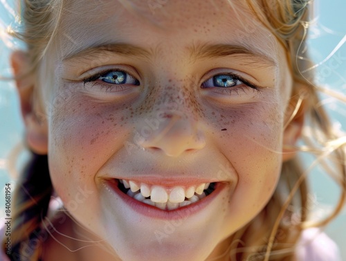Close-up shot of a young girl with freckles on her face  ideal for use in editorial or commercial contexts