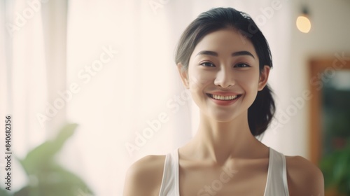 A happy woman wearing a white tank top smiles directly at the camera Free Download A happy woman wearing a white tank top smiles directly at the camera - GFXLoad