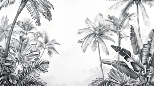 Seamless Border Hand Drawn Black and White Lithography Illustration Retro Style Design. Tropical wallapaper. AI generated illustration