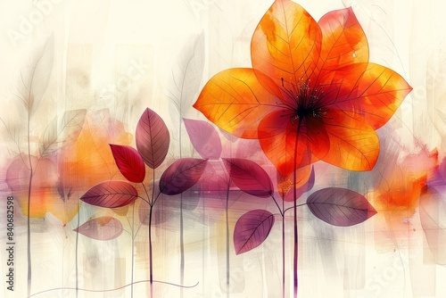 Watercolor Painting of Orange Flower With Leaves in a Light Background