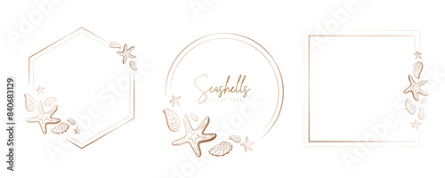 Set of hand drawn line art frames with shells, bubbles, algae and coral. Summer frame for monogram, logo, invitation, postcard, and more. Vintage wreath illustration isolated on white background.