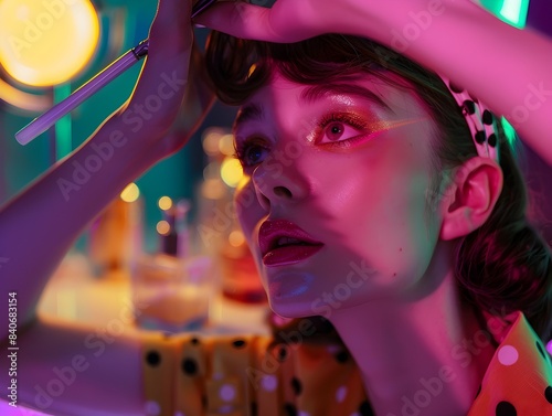 Captivating Portrait of a Woman in Vivid Neon Lighting Radiating Emotions and a Sense of Wonder