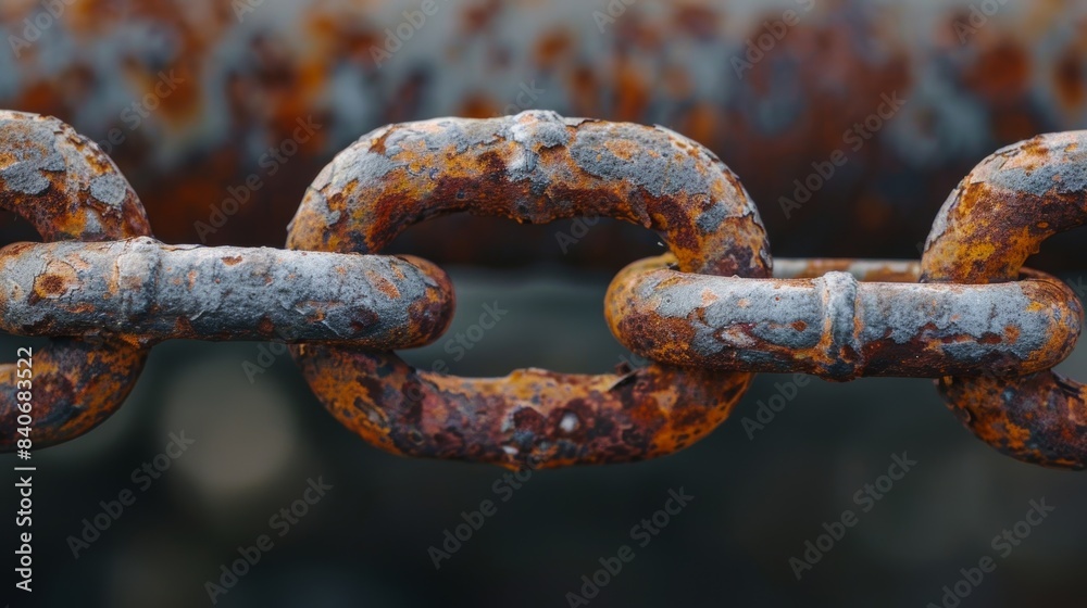 A closeup of a rusted chain link highlighting the contrast between the dark rusted areas and the lighter more exposed sections of metal A closeup of a rusted chain link highlighting the contrast between the dark rusted areas and the lighter more exposed sections of metal