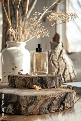 A bottle of perfume sits on top of a wooden table  providing a decorative touch to the space